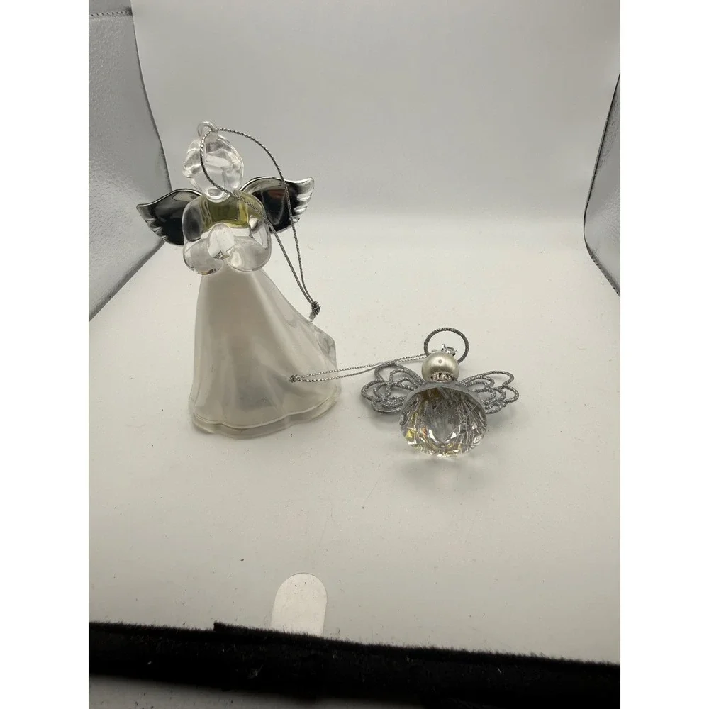 Clear Frosted Glass Crystal Angel Ornaments Set of 2 Silver Wings Holiday Decor